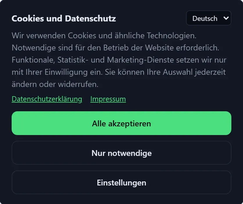now4it Consent: Cookie-Banner als dunkle Box mit den Knöpfen Alle akzeptieren, Nur notwendige und Einstellungen
